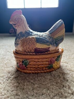 Ceramic Hen on Basket Trinket Dish - Multicolor